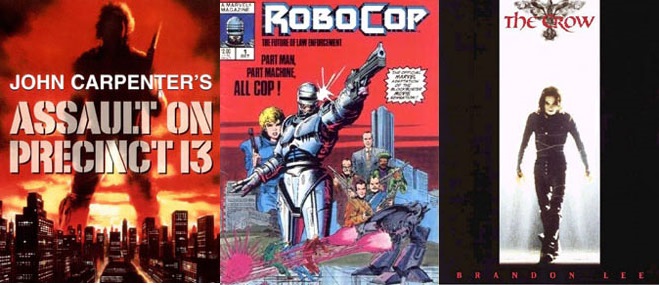 Figura 5. Izquierda, En "Asalto al precinto 13" (Richet, 2004), una comisaría que está pronta a cerrar detiene a un conocido mafioso local. Durante una larga noche, los policías deberán enfrentarse a un flujo constante de pandillas que quieren rescatar a Marion. En la versión original (Carpenter, 1976), la acción ocurre en Los Angeles; al centro, En "Robocop" (Verhoeveen, 1987), Detroit ha terminado de privatizarse con la concesión de la policía a una empresa privada. La construcción de Delta City, un proyecto destinado a revitalizar el centro deteriorado, es una critica mordaz a la planificación estratégica de las ciudades; y derecha, En "El Cuervo" (Proyas, 1994), Detroit es una ciudad controlada por bandas criminales. Un hombre asesinado por una de ellas vuelve a la vida para vengarse.