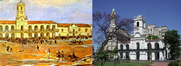 Figura 3. El Cabildo de Buenos Aires hacia 1810 y en la actualidad.