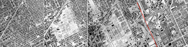 Evolución del centro de Detroit. La línea roja en la última imagen de la serie traza la ruta de la calle Hastings, el corazón del viejo ghetto afroamericano. Este ghetto fue renovado y cambiado por la autopista que puede apreciarse en la imagen. La foto de John Lee Hoker que se publica más adelante fue tomada en la vieja calle Hastings. Fuentes: 1. United States Geological Survey (2002), Detroit orthoimagery [digital aerial photography]. Accessible from The National Map; 2. Wayne County aerial photography, 1949-1981 (2003), Digital images from the Aerial Photo Collection, College of Urban, Labor and Metropolitan Affairs, Wayne State University, Detroit.