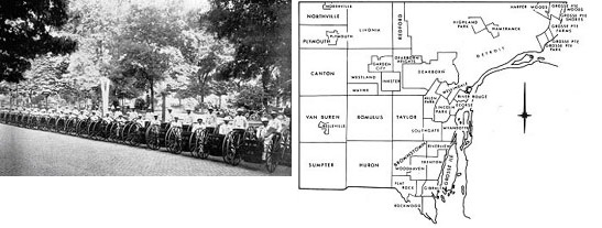 Figura. Izquierda, "Street cleaners in Detroit" (1900).Fuente: White Star Line: Toledo, Detroit, St. Clair Flats, Tashmoo, Port Huron, Excursion; y derecha, Mapa del condado de Wayne. Se puede ver Detroit rodeado de pueblos y pequeñas ciudades. Fuente: Wayne County Economic Development Commission, About Ecorse (1966).