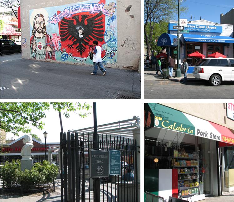 Figura 3. Estas imágenes fueron tomadas en el barrio de Belmont, en el Bronx. Junto con la calle Mulberry, en el Little Italy de Manhattan, este lugar es de los pocos que continúa defendiendo su identidad como una "auténticamente italiana". Su caso es un buen ejemplo de lo que sería un "Parque Temático Étnico" (Ethnic Theme Park), un lugar donde los comerciantes y residentes locales tratan de crear la impresión de autenticidad, aunque finalmente fallen. Sólo los turistas menos observadores son incapaces de ver a través de este disfraz de tela delgada. Arriba de Izquierda a derecha, Muestra un lugar de estacionamientos en el Little Italy. En el muro puede verse un graffiti albanés, frente al cual camina un latino, probablemente camino a trabajar en uno de los más o menos 'auténticos’ restaurantes italianos y otros comercios de la Arthur Avenue; y "Umberto's Clam House" es uno de los restaurantes más famosos de la Little Italy de Maniatan. Se hizo conocido cuando un jefe de la mafia fue asesinado mientras comía ahí. Los buses de turismo suelen parar cerca. Y abajo, de izquierda a derecha, Un parque local hace honor al ícono de la ubicuidad italiana en América: Cristóbal Colón. En este parque, pueden verse con cierta frecuencia a docenas de latinos disfrutando de los alrededores; y En un intento por preservar la identidad italiana en un vecindario que cambia con rapidez, los pequeños empresarios locales han apoyado la tranformación de las fachadas de las tiendas para incluir indicadores de los colores italianos. 