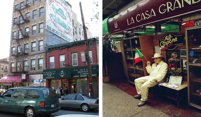 Figura 1. Izquierda, En la fachada de ese gran edificio puede verse el tradicional aviso que da la bienvenida al barrio de Little Italy, en el Bronx; y derecha, Arthur Avenue es una de las mayoes atracciones turísticas de la ciudad. La sensación de estar en un parque temático se fortalece con cosas como esta figura de Al Capone sosteniendo la bandera italiana, frente a un mercado de cigarros. En el mercado, trabajadores latinos producen y ponen a la venta cigarros frescos. 