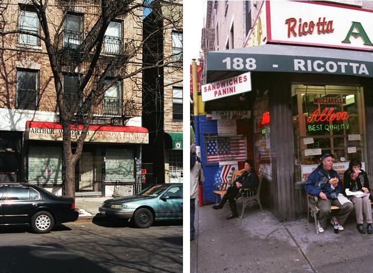 Figura 5. Izquierda, Estudio fotográfico Kosovo, en Arthur Avenue. Este lugar ha estado en el corazón del barrio por muchos años. sd; y derecha, La tienda de queso Alleva ha estado en el barrio por décadas. Ahora funciona principalmente como lugar para turistas ansiosos por probar algo de la 'auténtica’ cocina italiana (al fresco).