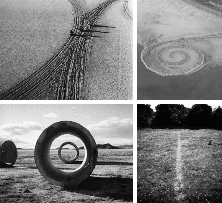 Figura 3. Land Art. Arriba, Izquierda, Circular Surface Displacement Drawing, de Michael Heizer. 1970, California, EEUU; y derecha, Spiral Jetty, de Robert Smithson. 1970, Utah, EEUU. Abajo, izquierda, Sun Tunnels, de Nancy Holt. 1973-74, Utah, EEUU; y derecha, A Line Made by Walking, de Richard Long . 1967, Bristol, Inglaterra. 