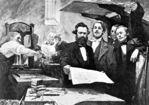 Marx y Engels supervisando la impresión del periódico Rheinische (c.1880).