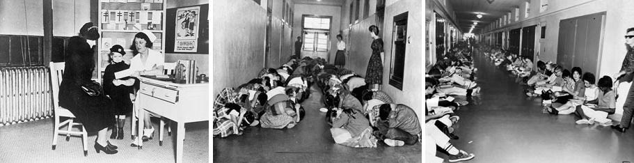 Figure 9. From left to right, Office of War Information Overseas Branch Exhibit section 52 11 x 14 photos exhibit no. 74a. Schools in Yonkers ca. 1943. Library of Congress; "Take cover" drill at Elysian eights School (1962). Los Angeles Public Library; and, Board of Education sit-in 1963. Los Angeles Unified School District. Los Angeles Public Library Collection.