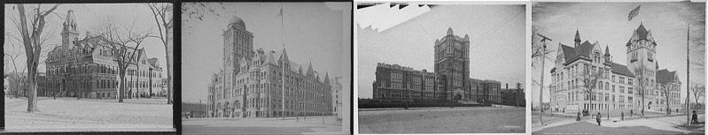 Figure 5. From left to right; High school, Albany, N.Y. CALL NUMBER: LC-D4-9579 CREATED/PUBLISHED: [between 1900 and 1910]. Detroit Publishing Co. no. 09579; Boys' High School, Philadelphia,Pa. CALL NUMBER: LC-D4-17522 CREATED/PUBLISHED: c1904. Detroit Publishing Co. no. 017522; Hughes High School, Cincinnati, O[hio] CALL NUMBER: LC-D4-73358. CREATED/PUBLISHED: [between 1910 and 1920]. Detroit Publishing Co. no. 073358; and, [Central High School, Detroit, Mich.] CALL NUMBER: LC-D4-3384. CREATED/PUBLISHED: [1904?]. Detroit Publishing Co. no. 033384.