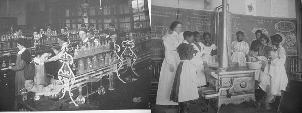 Figure 6. From left to right, TITLE: A chemistry lab, Central High School Washington D.C. [1899?]. Johnston, Frances Benjamin, photographer. Library of Congress. LC-USZ62-15542; and, Black girls in cooking class, washing up. Seventh Division. Washington D.C. [1899?]. Johnston, Frances Benjamin, photographer. Library of Congress. LC-USZ62-26380.