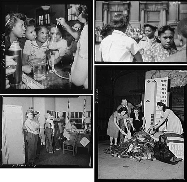 Figure 7. Top from left to right, TITLE: Washington, D.C. Science class in a Negro high school. CALL NUMBER: LC-USW3- 000881-E [P&P]. REPRODUCTION NUMBER: LC-USW3-000881-E (b&w film nitrate neg.). MEDIUM: 1 negative : nitrate ; 2 1/4 x 2 1/4 inches or smaller. CREATED/PUBLISHED: 1942 Mar. CREATOR: Collins, Marjory, 1912-1985, photographer; and, Outside Negro high school, Chicago, Illinois 1941 Apr. Edwin Rosskam photographer. Library of Congress. LC-USF33-005150-M1 [P&P]; Below from left to right, TITLE: Washington Irving High at 15th and Irving Place, New York City, rubber salvage drive. Heeding the request of the President of the United States, high school girls of the Washington Irving Vocational School for Girls bring in the results a treasure hunt from attic to bedroom yielded in their own homes. CALL NUMBER: LC-USE6- D-010438. CREATED/PUBLISHED: 1942 June; and, Schenectady, New York. Each child at the Onieda School is given a physical check-up once a year. The doctor comes twice a week. The nurse is on duty every minute of the day CALL NUMBER: LC-USW3-031454-C. CREATED/PUBLISHED: 1943 June. CREATOR: Bonn, Philip, photographer.