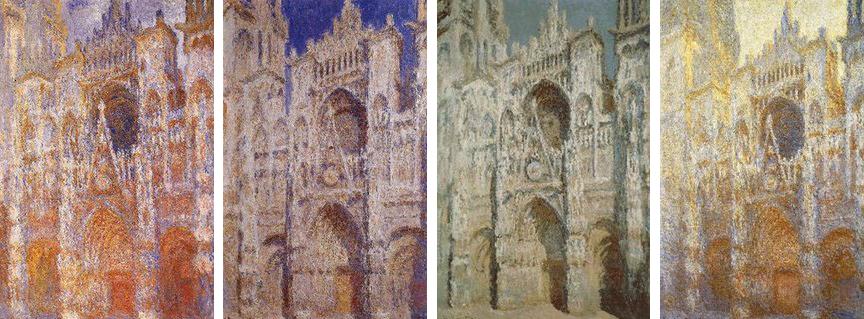 Figura 4. Un claro ejemplo de cómo un objeto puede ser fuente de numerosas representaciones se encuentra en la serie de 40 pinturas que Monet realizó sobre la catedral de Ruán. En cada una de ellas se mantienen constantes tanto los elementos encuadrados como el punto de vista, variando sólo las condiciones. Así, en cada cuadro, la Catedral es atravesada por los estados más diversos, como distintas tonalidades de luz, ambientes y atmósferas.