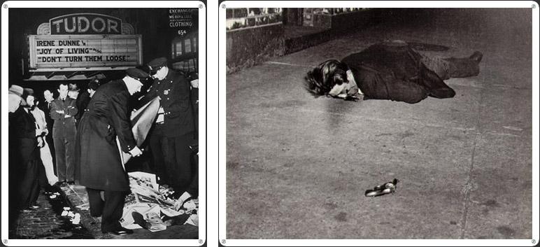 Figura 6. El morbo de Weegee y los bordes éticos de la disciplina. Izquierda, Joy of Living, April 17, 1942; y derecha, Murder in Hell’s Kitchen. Weegee, 1944.