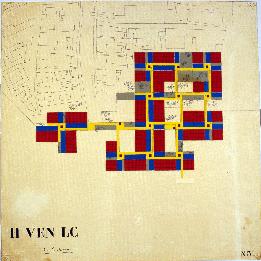 Figura 11. Ospedale SS Giovanni e Paolo, planta del tercer piso, Le Corbusier, asistido por Guillermo Jullian, 1964. Los planos de Le Corbusier usaban códigos de color para diferenciar los espacios de circulación pública y privada. Jullian, su colaborador, fue el inventor de un complejo sistema de diseño (“Yellow peripheral distinction”, YPF), basado en una estructura de grilla y colores indicando el entretejimiento de espacios públicos y privados.