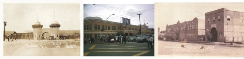 Figura 7. Antiguo Palacio Municipal. De izquierda a derecha. Feria de Tijuana, construido en 1915 (Archivo Histórico de Tijuana). Vista actual de la construcción, hoy Palacio de la Cultura. (C.Z.). Edificio del Palacio Municipal con el Teatro Zaragoza a un lado (fuente desconocida).