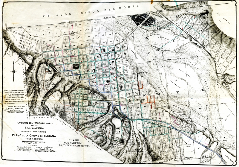 Figura 1. Plano de la ciudad de Tijuana y sus colonias (1937). Dirección de Obras Públicas del Gobierno del Territorio Norte de la Baja California. Cortesía del Acervo Documental del Instituto de Investigaciones Históricas. Colección José Saldaña Rico.