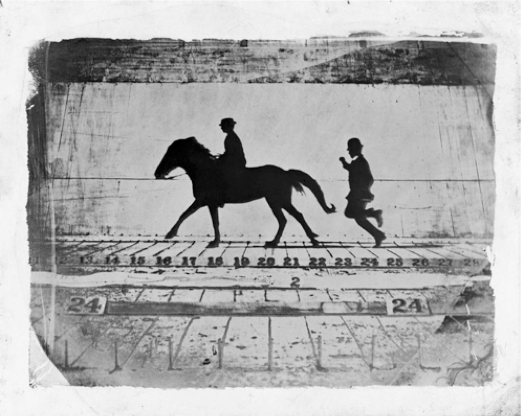 Fig. 4. Estudio de un pony al galopar. Eadweard Muybridge, 1879. Muybridge estudia mediante secuencias de imágenes fotográficas las fases de los pasos de un pony mientras galopa. En este caso la cámara se usa como instrumento objetivo de observación, con el propósito describir con exactitud aquello que hasta el momento el ojo no había podido resolver de manera rotunda, como la conocida pregunta de si los caballos levantaban sus cuatro patas al correr.